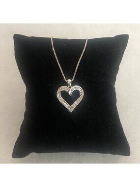 Sterling Silver 925 Round & Baguette Diamond Open Heart Pendant Necklace 16.25"